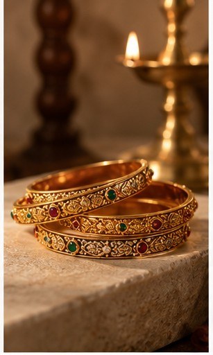 Three gold bangles with ruby and emerald stones beside a lit brass lamp